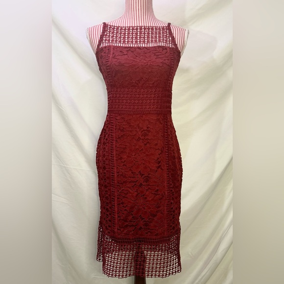 Crochet Lace Dress Rust Bohemian Autumn Floral Cocktail Midi Sheath Cato Size 6 - Picture 1 of 11